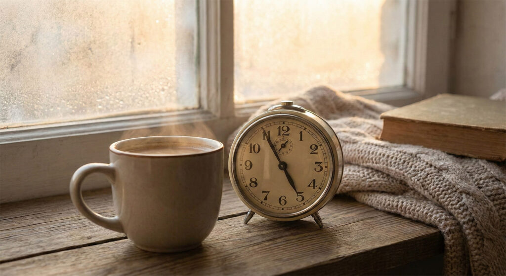 A peaceful photo of a coffee cup and a clock showing 05:00