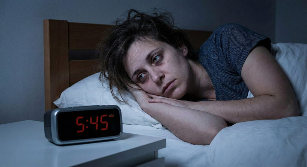 A tired person looking at an alarm clock